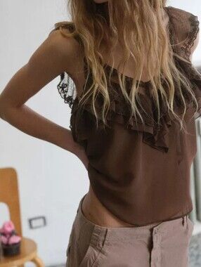 Zara Brown Lace-Trim Ruffled Top